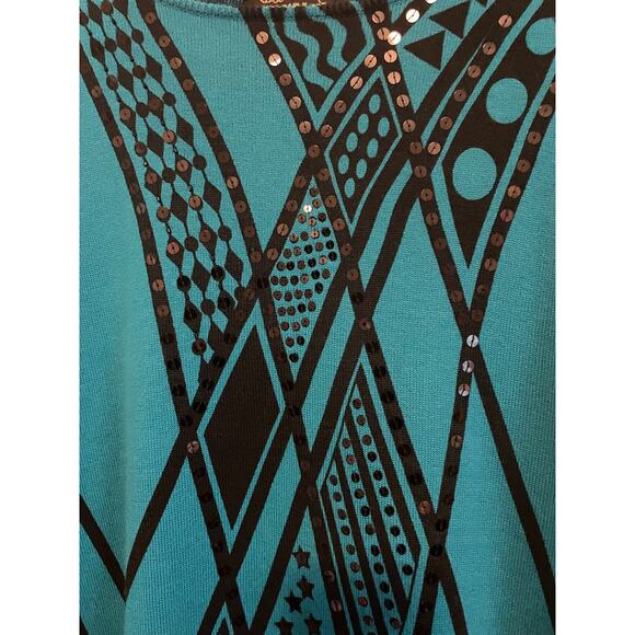 Bob Mackie aqua sweater lightweight sequin geometric wearable art Size Med - Picture 3 of 7
